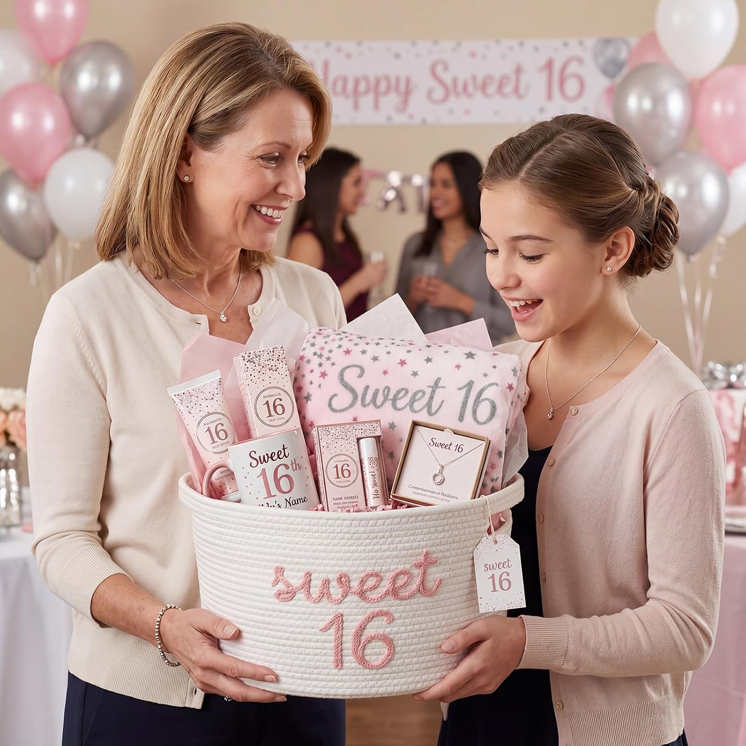 Aldernest Sweet 16 Birthday Gifts Basket with Handles 15 x 9.1 x 7.8 Inch, 1.3 pounds, white, pink