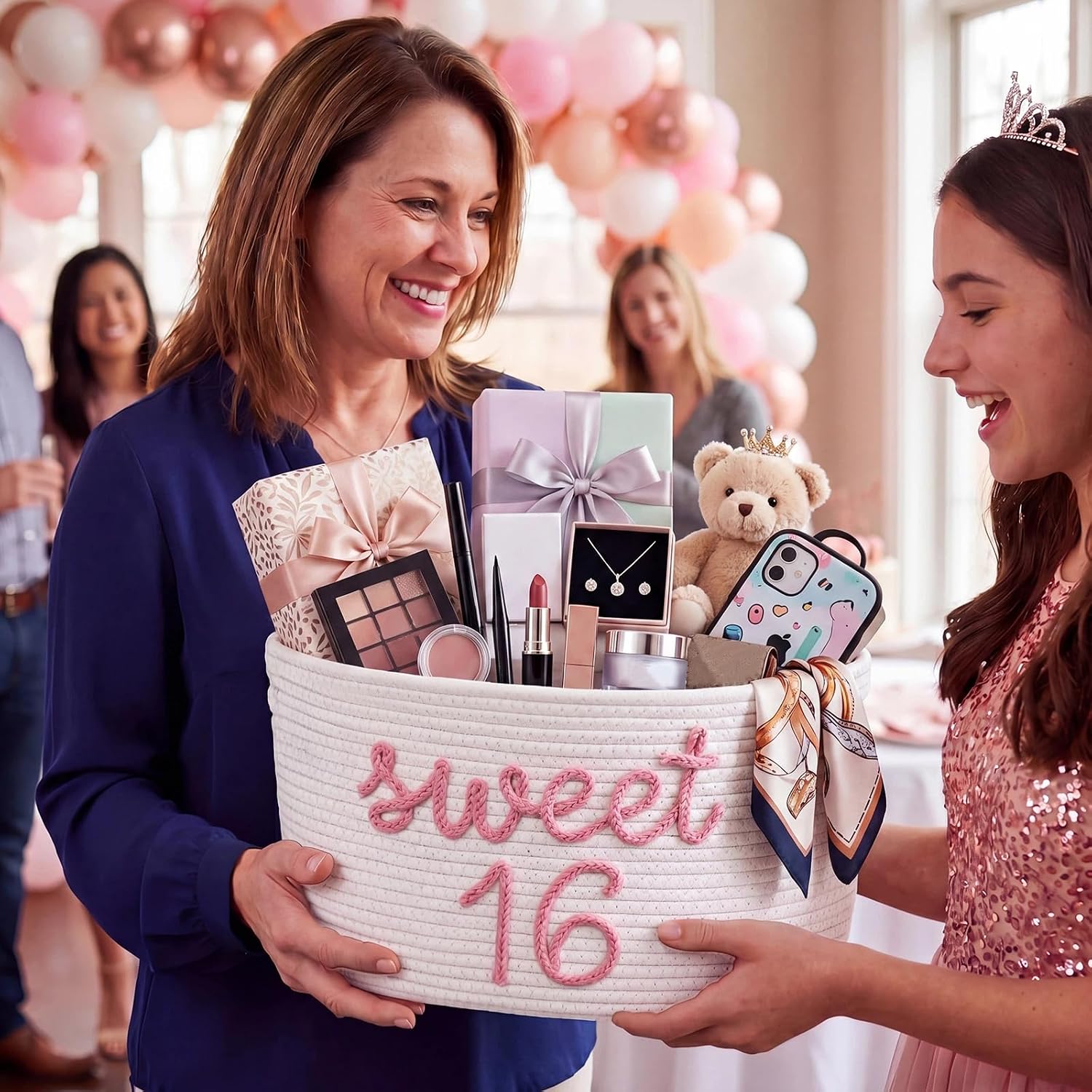 Aldernest Sweet 16 Birthday Gifts Basket with Handles 15 x 9.1 x 7.8 Inch, 1.3 pounds, white, pink