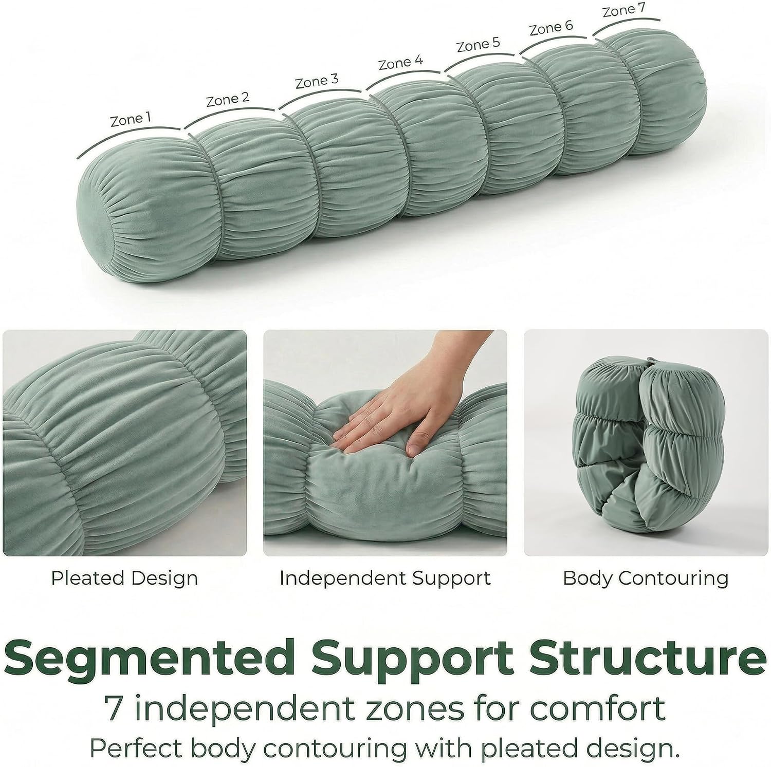 Aldernest Pat. Pend. Long Cylinder Pillow for Bed, 47 Inch, Green, 47"x 7.87"