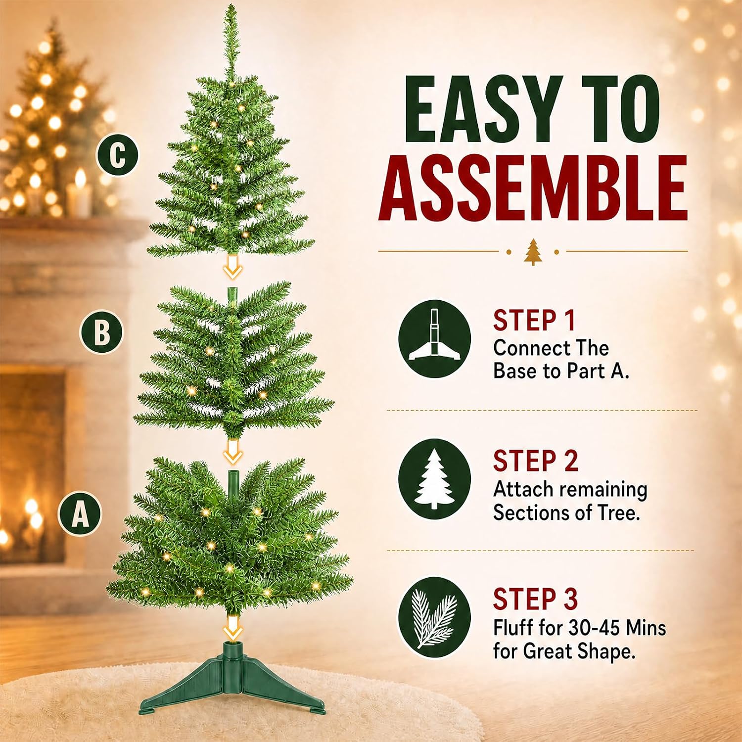 Aldernest 4ft Green Christmas Tree with Light, Small Artificial Xmas Tree