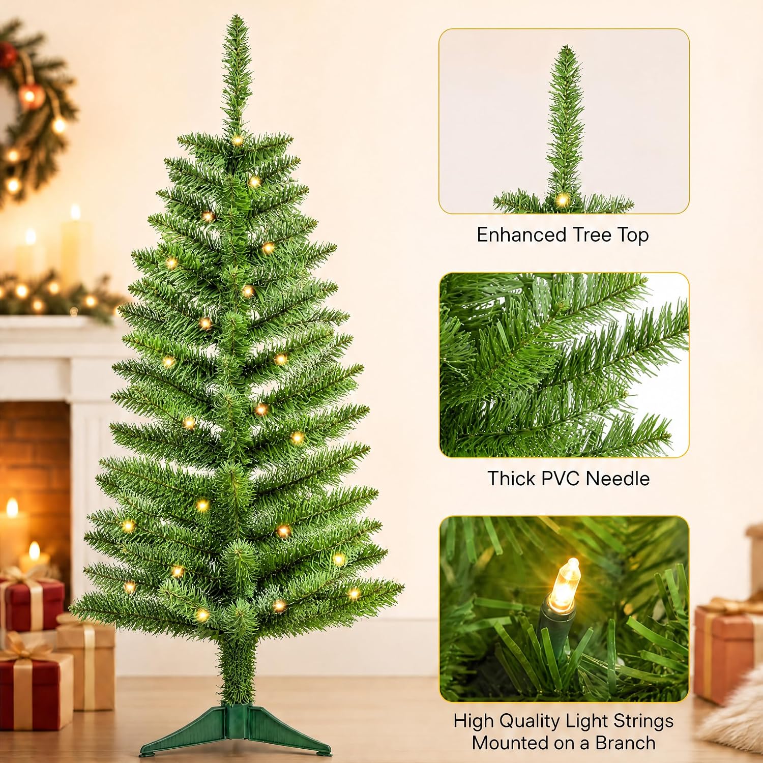 Aldernest 4ft Green Christmas Tree with Light, Small Artificial Xmas Tree