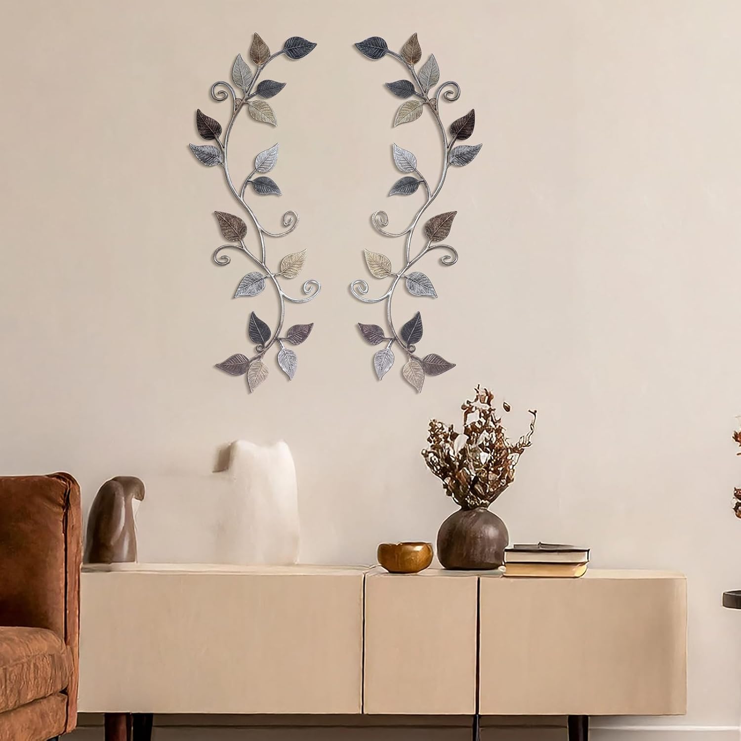 Aldernest 2 Pcs Metal Tree Leaf Scroll Wall Art Vine Hanging Decor Bronze, 12 ounces, 15.7 x 6.3 inches