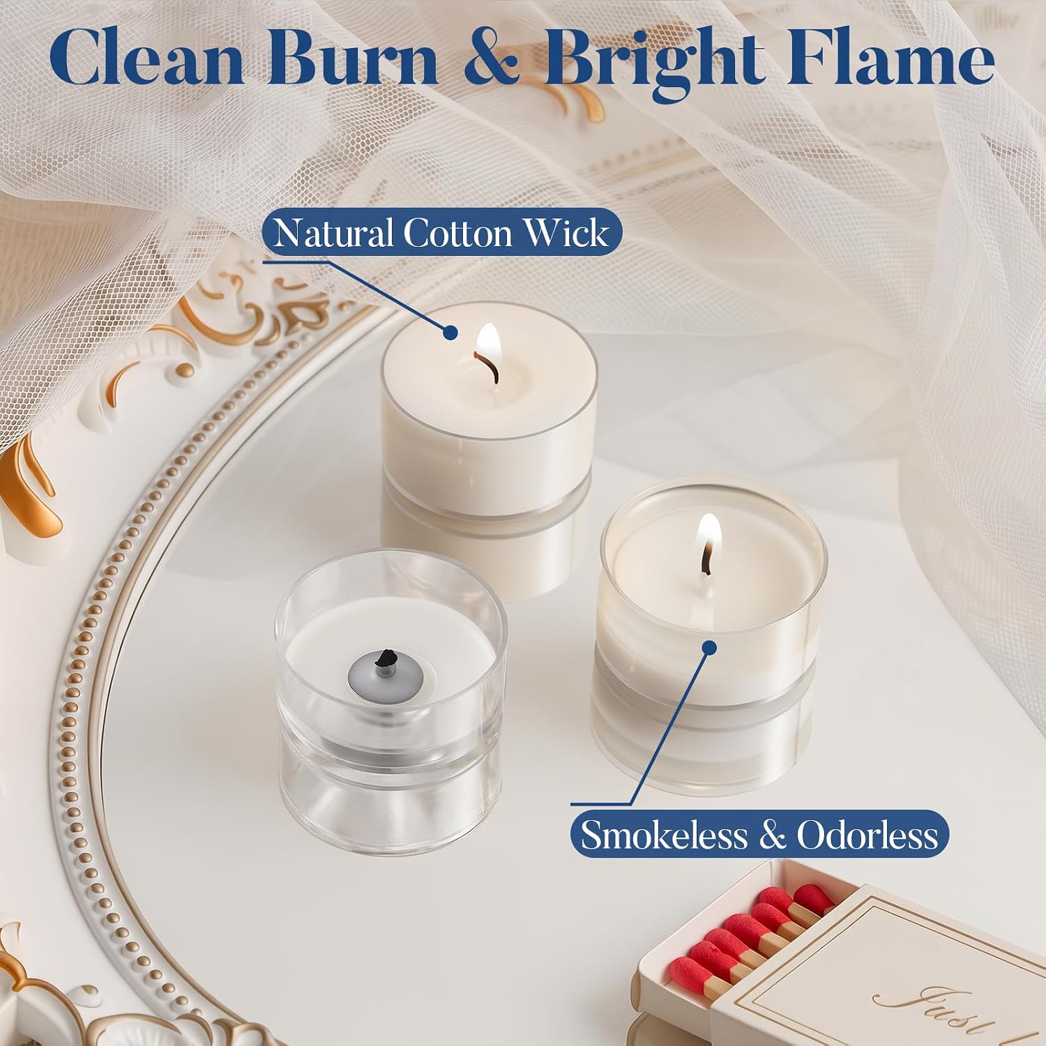 Barleyfield Tea Lights 100 Pack, 6-Hour Votive Candles Smokeless Unscented, White