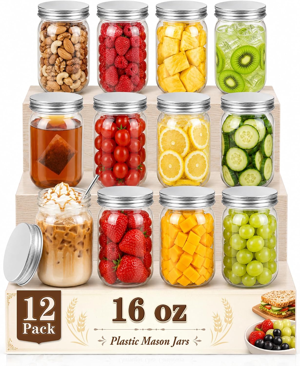 Aldernest 12 Pack Plastic Mason Jars with Lids, 16 oz Refillable Clear Plastic Jars, Silver