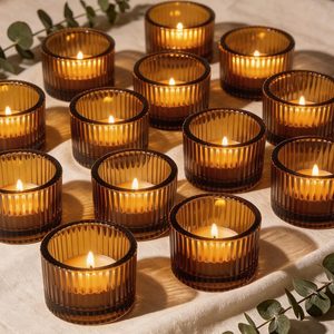 Tanglewick Amber Glass Votive Candle Holders 12 Pack, Small Glass Cups for Tea Lights