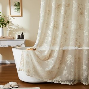 Ashenby Beige Lace Shower Curtain with Attached Valance Decorative Vintage Floral Shower Curtain for Bathroom Spa Boho Cottagecore Decor Scalloped