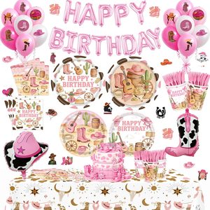 Quillstone 217Pcs Pink Western Party Decorations, Cowgirl Birthday Tableware Set