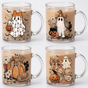 Ashenby 4 Pcs Halloween Coffee Mugs Ghost Glass Cups, 3.4 pounds, 12 oz/340 ml, orange, white, black
