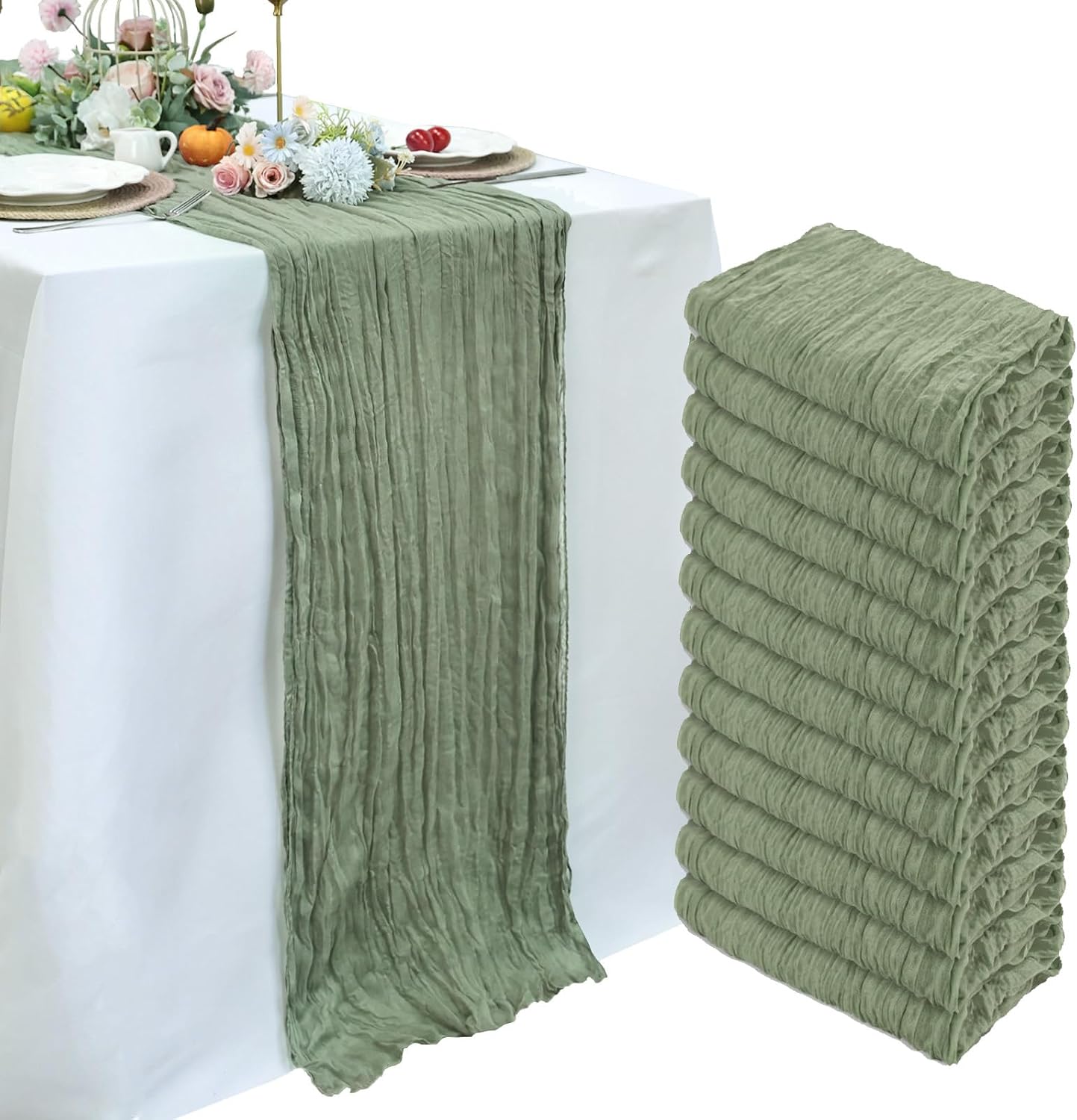 Aldernest 12 Pack Sage Green Cheesecloth Table Runner 23 x 120 Inch 10Ft