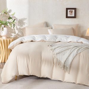 Aldernest Striped Duvet Cover Queen Beige Washed Cotton Jacquard 3 Pieces Bedding Set, Beige Striped (No Comforter)