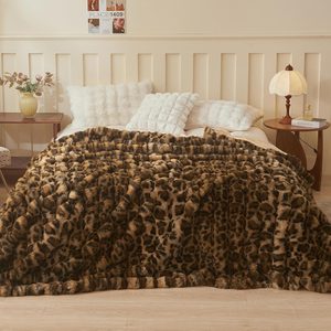 Tanglewick Cheetah Print Faux Rabbit Fur Bed Blanket Queen Size, Brown, 16 ounces, Queen (90" x 90")