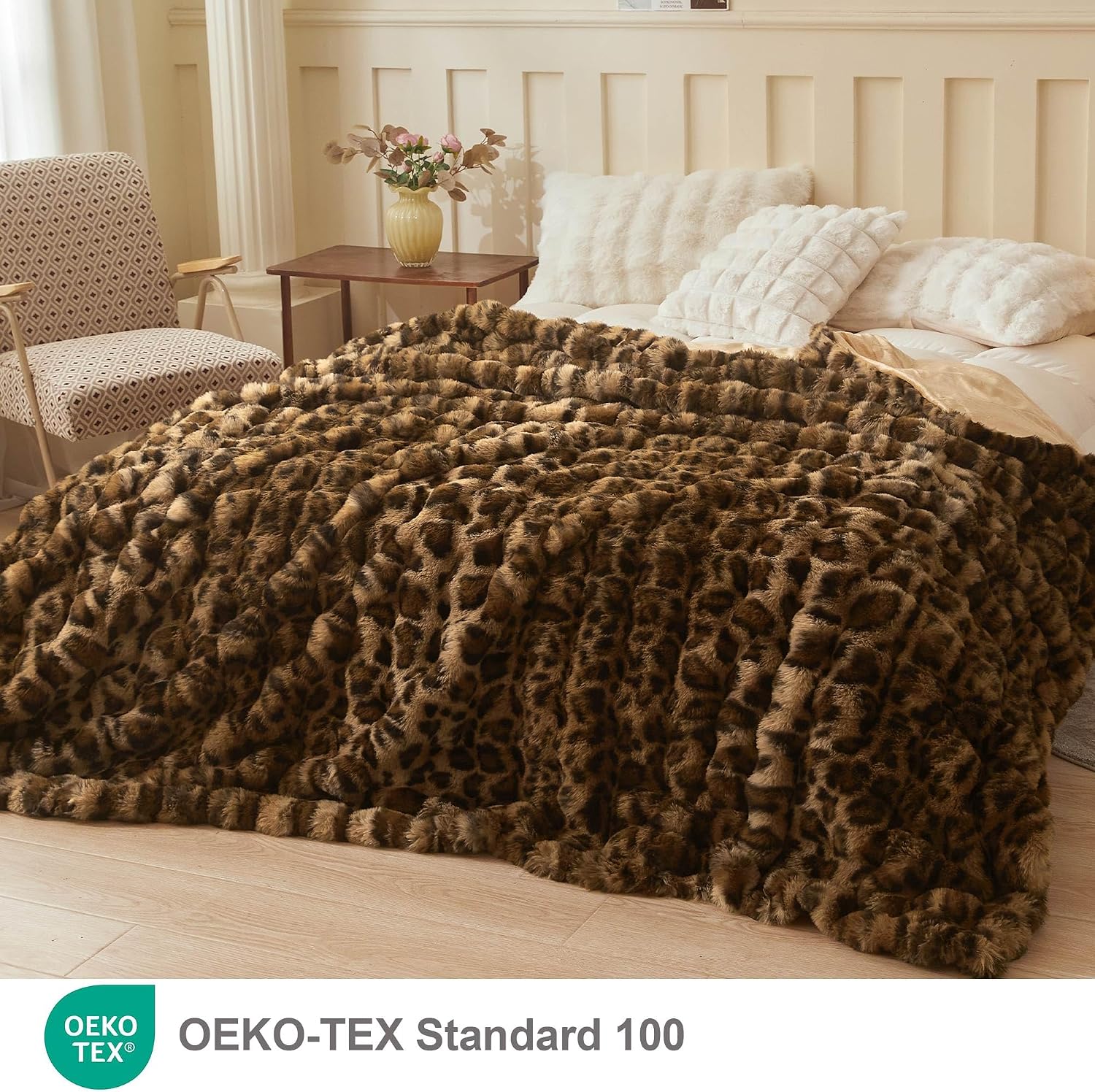 Tanglewick Cheetah Print Faux Rabbit Fur Bed Blanket Queen Size, Brown, 16 ounces, Queen (90" x 90")
