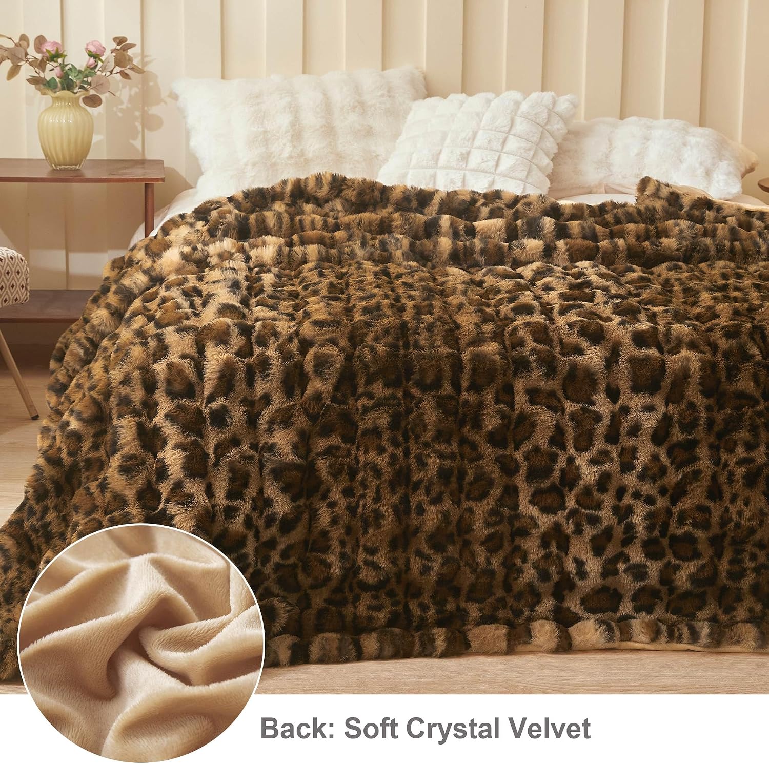 Tanglewick Cheetah Print Faux Rabbit Fur Bed Blanket Queen Size, Brown, 16 ounces, Queen (90" x 90")