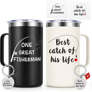 Aldernest Couples Gifts, One Great Fisherman 20oz Coffee Mug with Keychain & Card, Large, Black & Cream