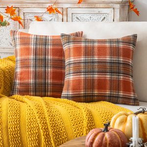 VelloHome Fall Plaid Throw Pillow Covers Set of 2, Orange 18x18 Inch, 113 g