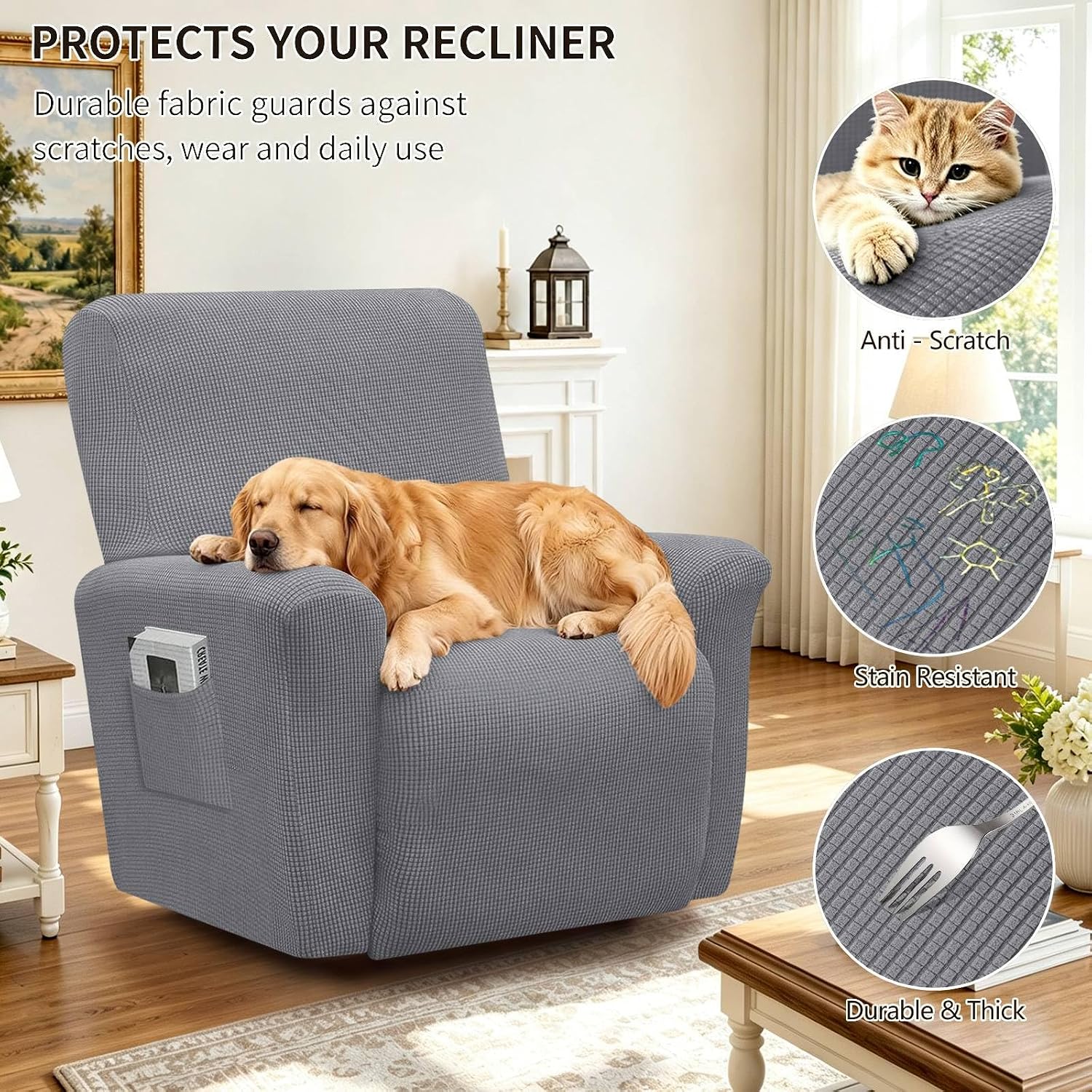 Ashenby 3-Piece Classic Recliner Chair Covers, Light Gray