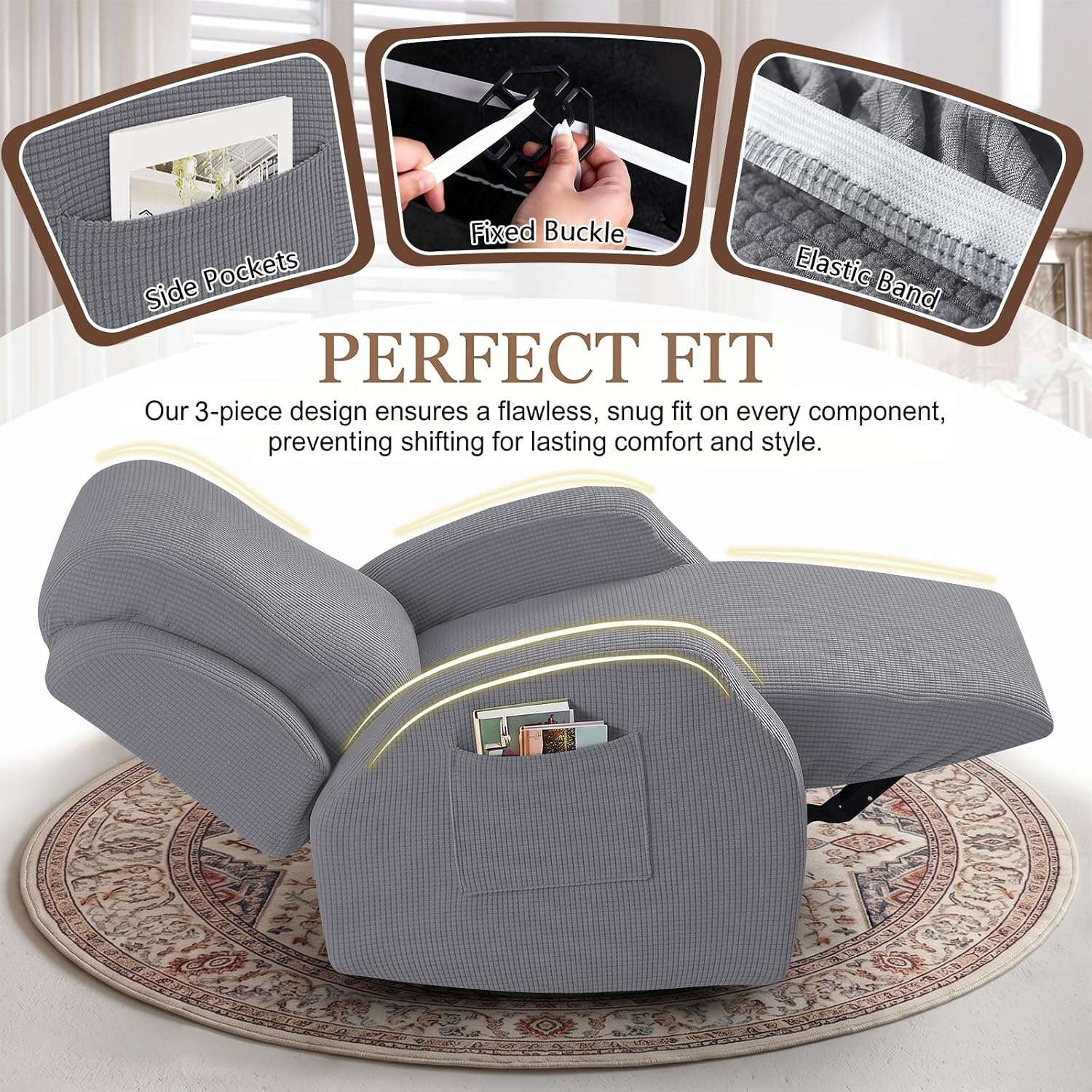 Ashenby 3-Piece Classic Recliner Chair Covers, Light Gray