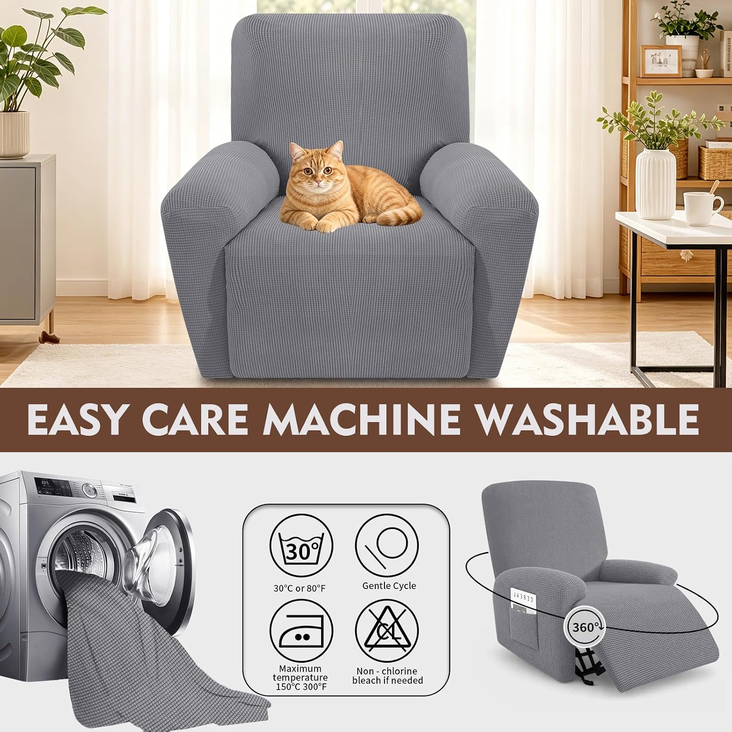 Ashenby 3-Piece Classic Recliner Chair Covers, Light Gray