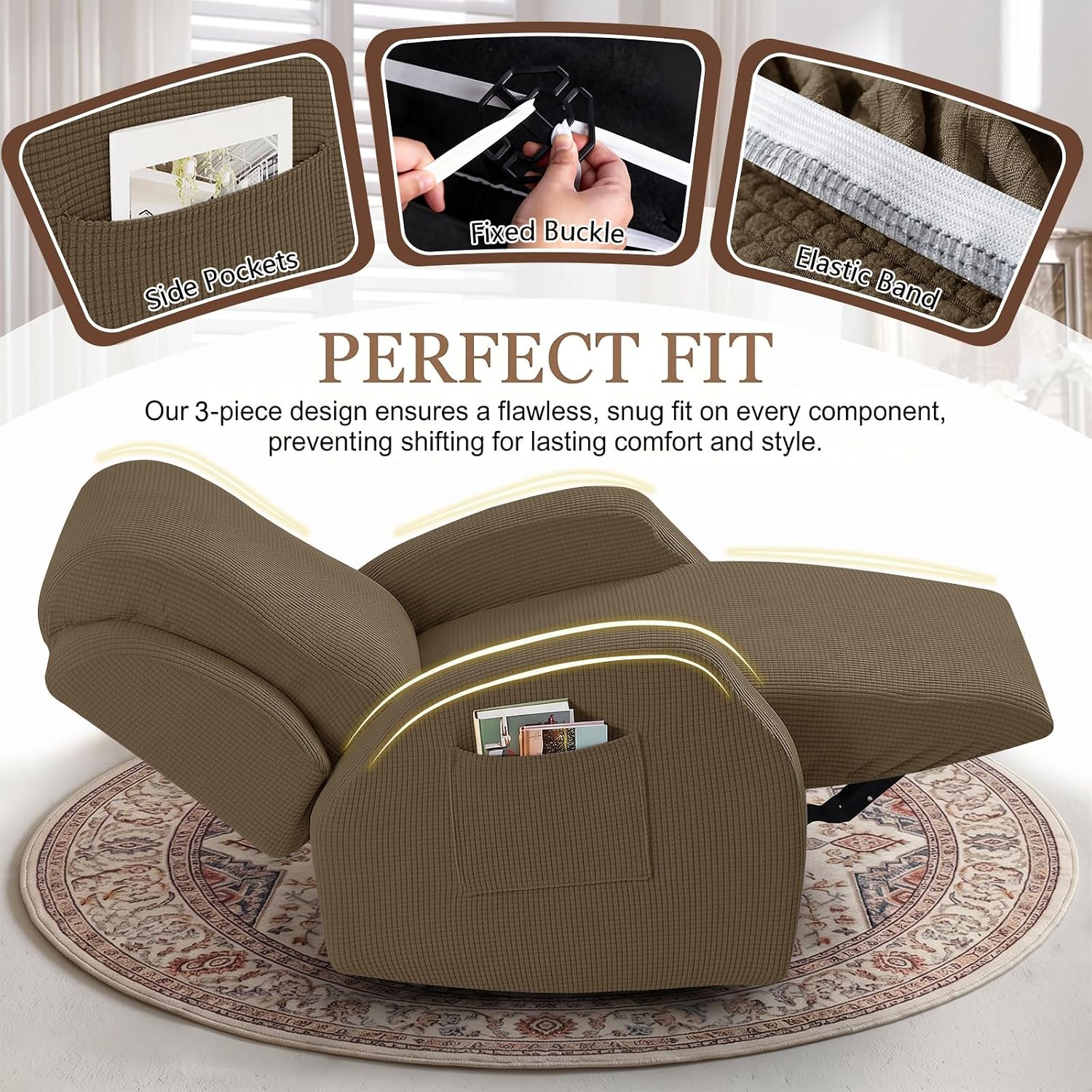 Ashenby 3-Piece Classic Recliner Chair Covers, Brown