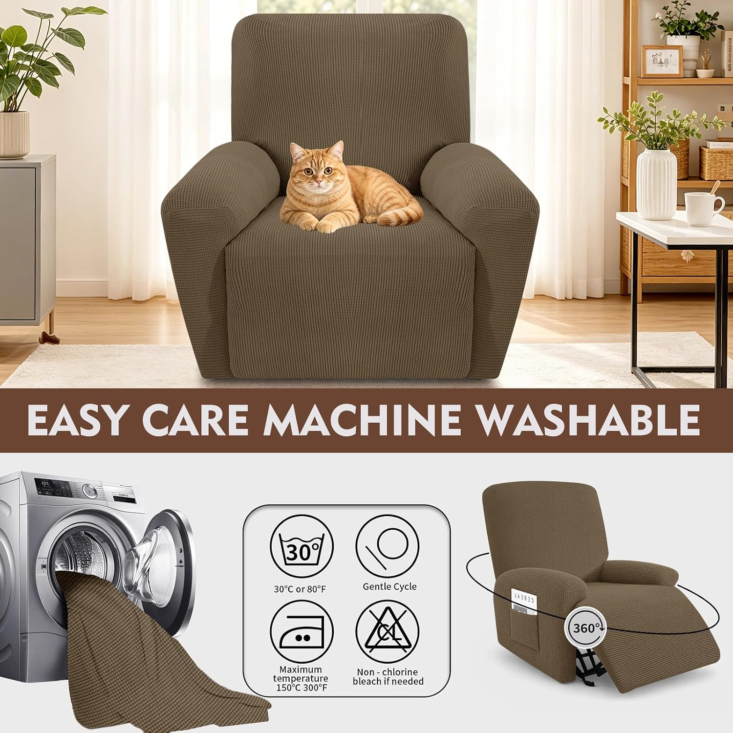 Ashenby 3-Piece Classic Recliner Chair Covers, Brown