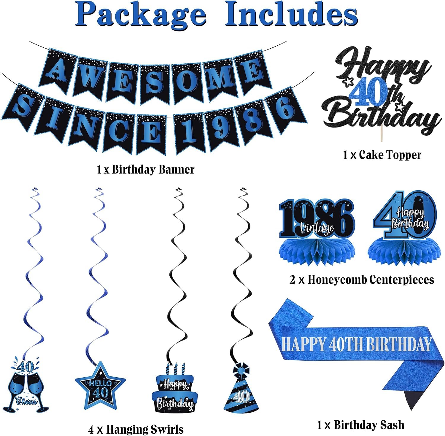 Aldernest 40th Birthday Decorations Men Women, Black Blue Back in 1986 Poster