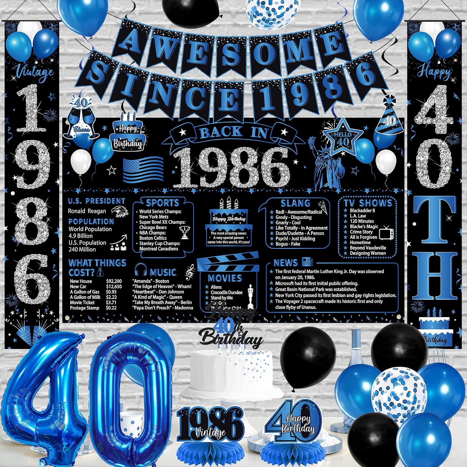 Aldernest 40th Birthday Decorations Men Women, Black Blue Back in 1986 Poster