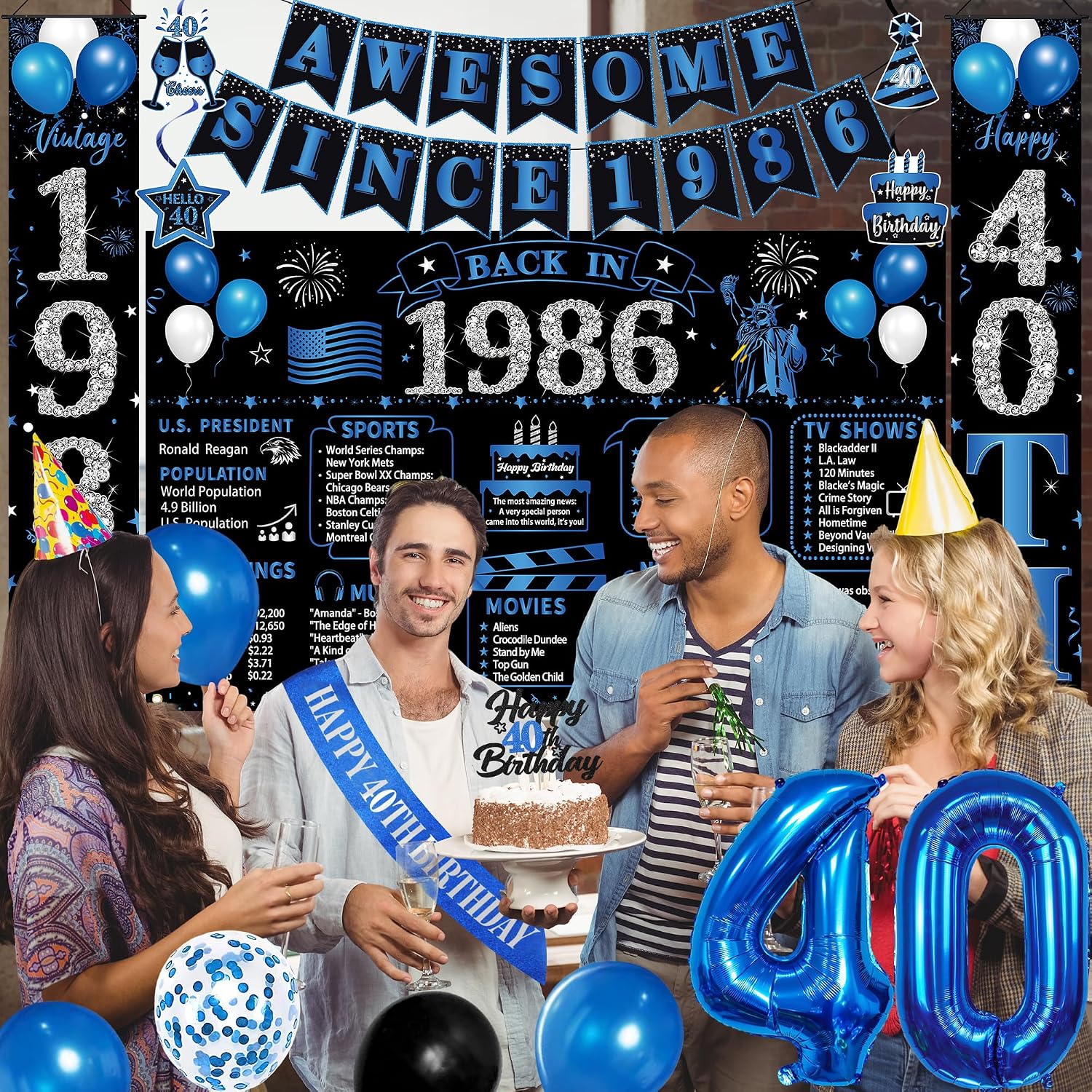 Aldernest 40th Birthday Decorations Men Women, Black Blue Back in 1986 Poster