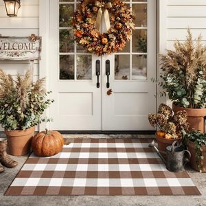 Aldernest Fall Front Door Mat 3'x5' Buffalo Plaid Checkered Outdoor Rug Brown, Brown Checkered