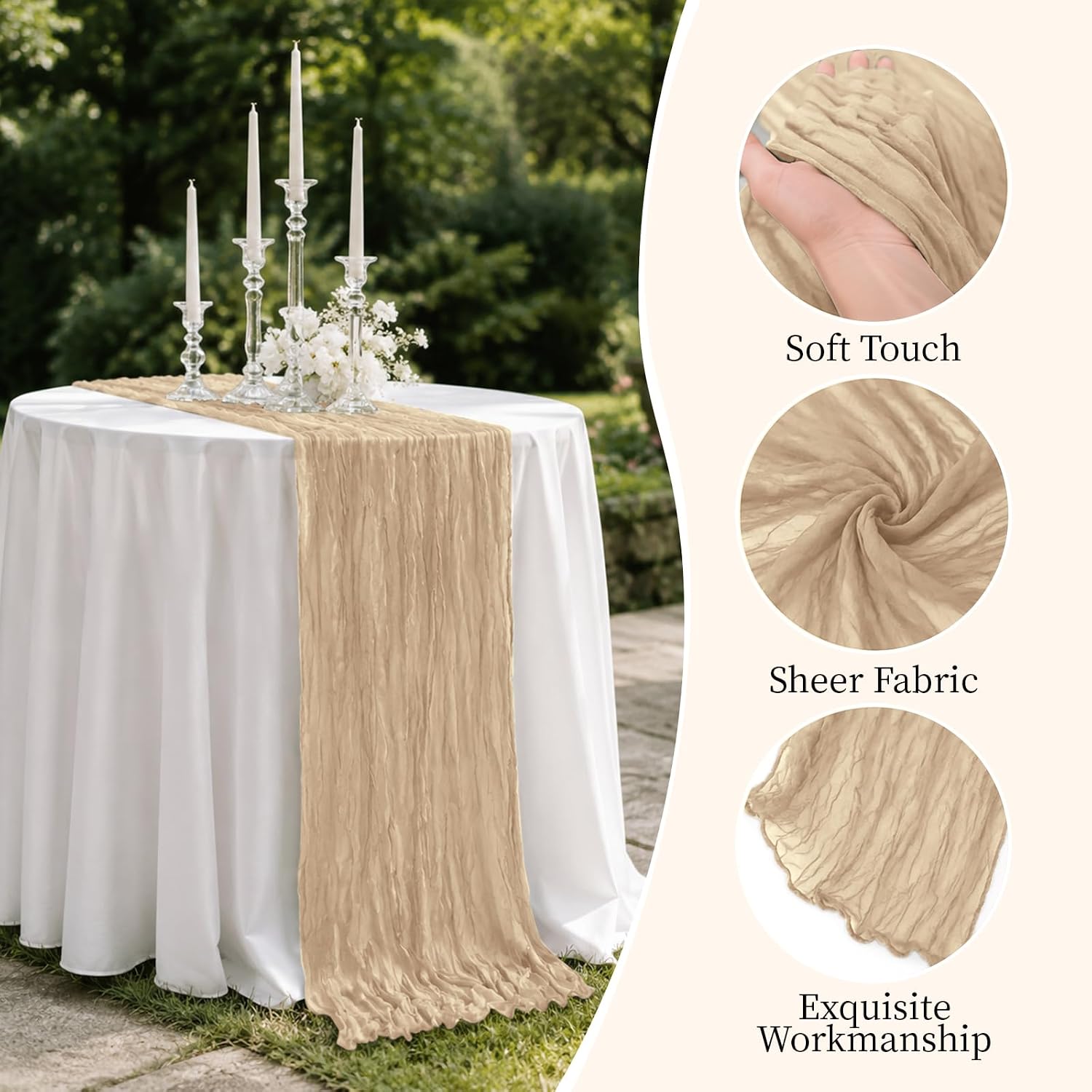 Aldernest 8 Pack Beige 17 x 108 Inch Cheesecloth Table Runner - Boho Gauze Sheer Fabric for Wedding Baby Shower Party Home Decor, 102 Square Feet