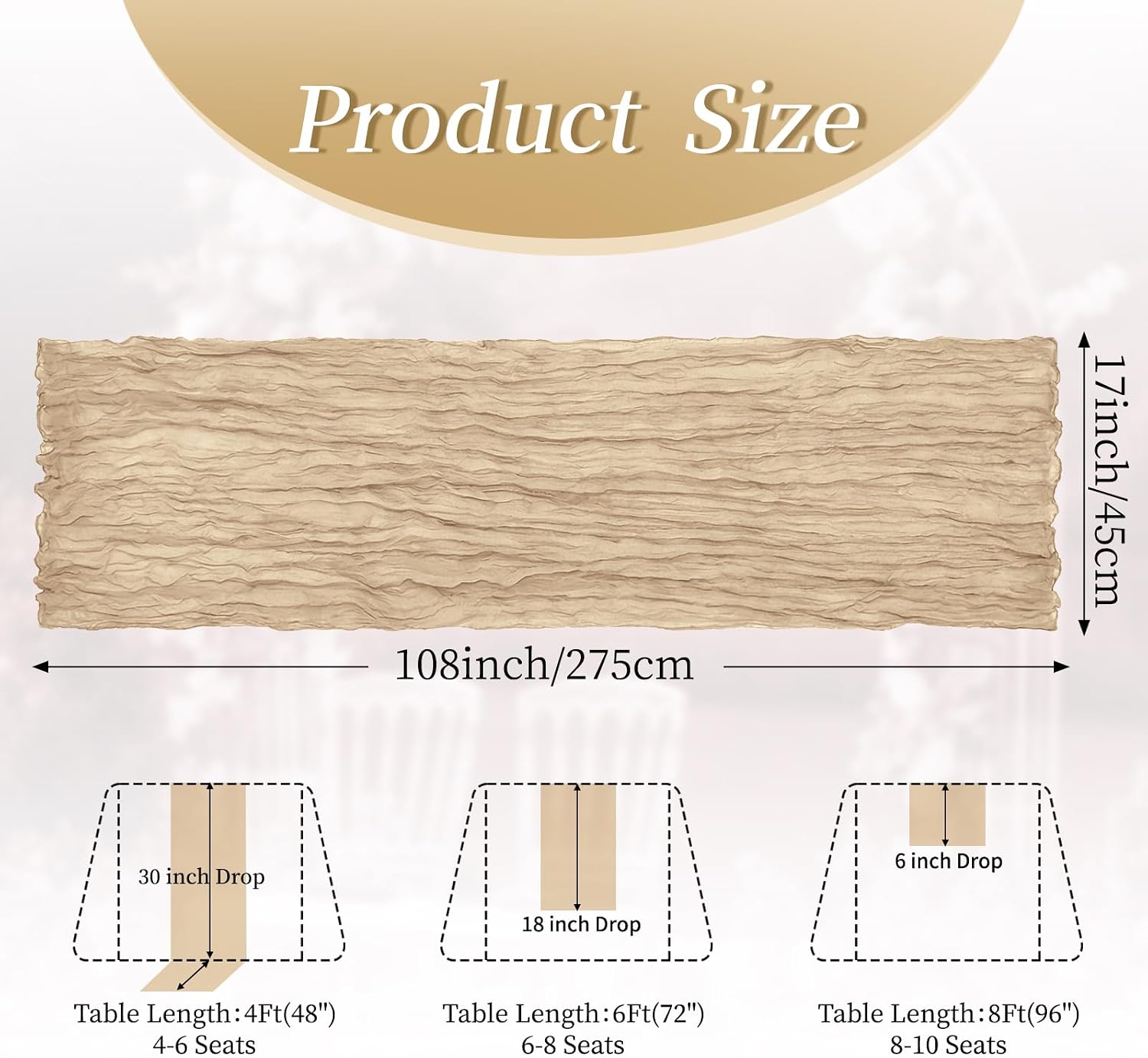 Aldernest 8 Pack Beige 17 x 108 Inch Cheesecloth Table Runner - Boho Gauze Sheer Fabric for Wedding Baby Shower Party Home Decor, 102 Square Feet