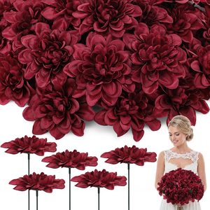 Ashenby 50 Pack Burgundy Artificial Dahlia Flowers Bulk Fake Dahlias, 1.1 pounds