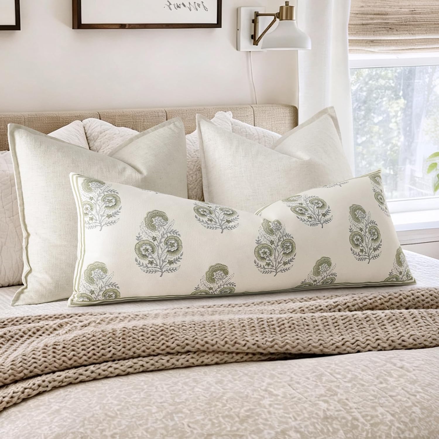 Barleyfield Vintage Floral 14x36 Lumbar Pillow Cover for Bed Pack of 1, Sage Green