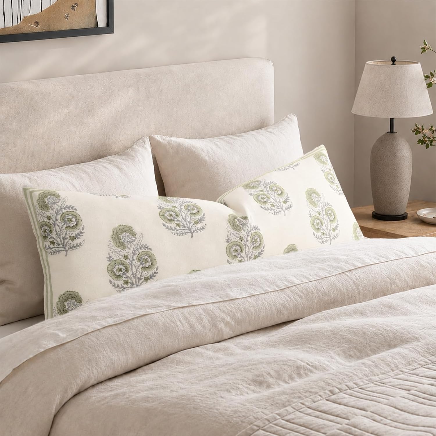 Barleyfield Vintage Floral 14x36 Lumbar Pillow Cover for Bed Pack of 1, Sage Green