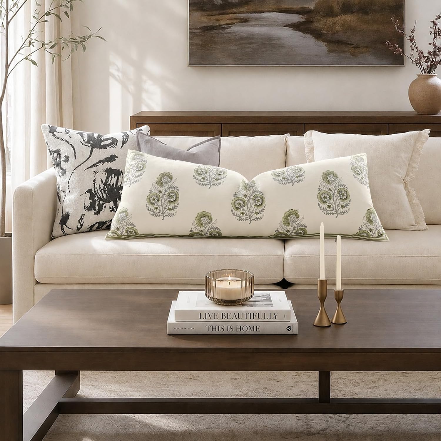 Barleyfield Vintage Floral 14x36 Lumbar Pillow Cover for Bed Pack of 1, Sage Green