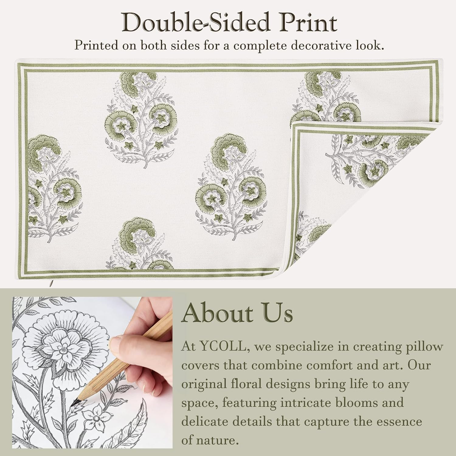 Barleyfield Vintage Floral 14x36 Lumbar Pillow Cover for Bed Pack of 1, Sage Green