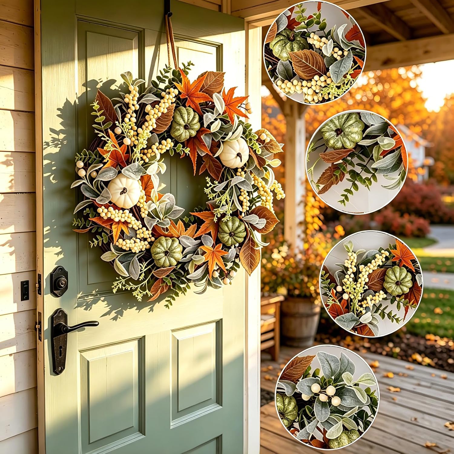 VelloHome Fall Wreath for Front Door 20 Inch Autumn Wreath, 1.1 pounds, Green White