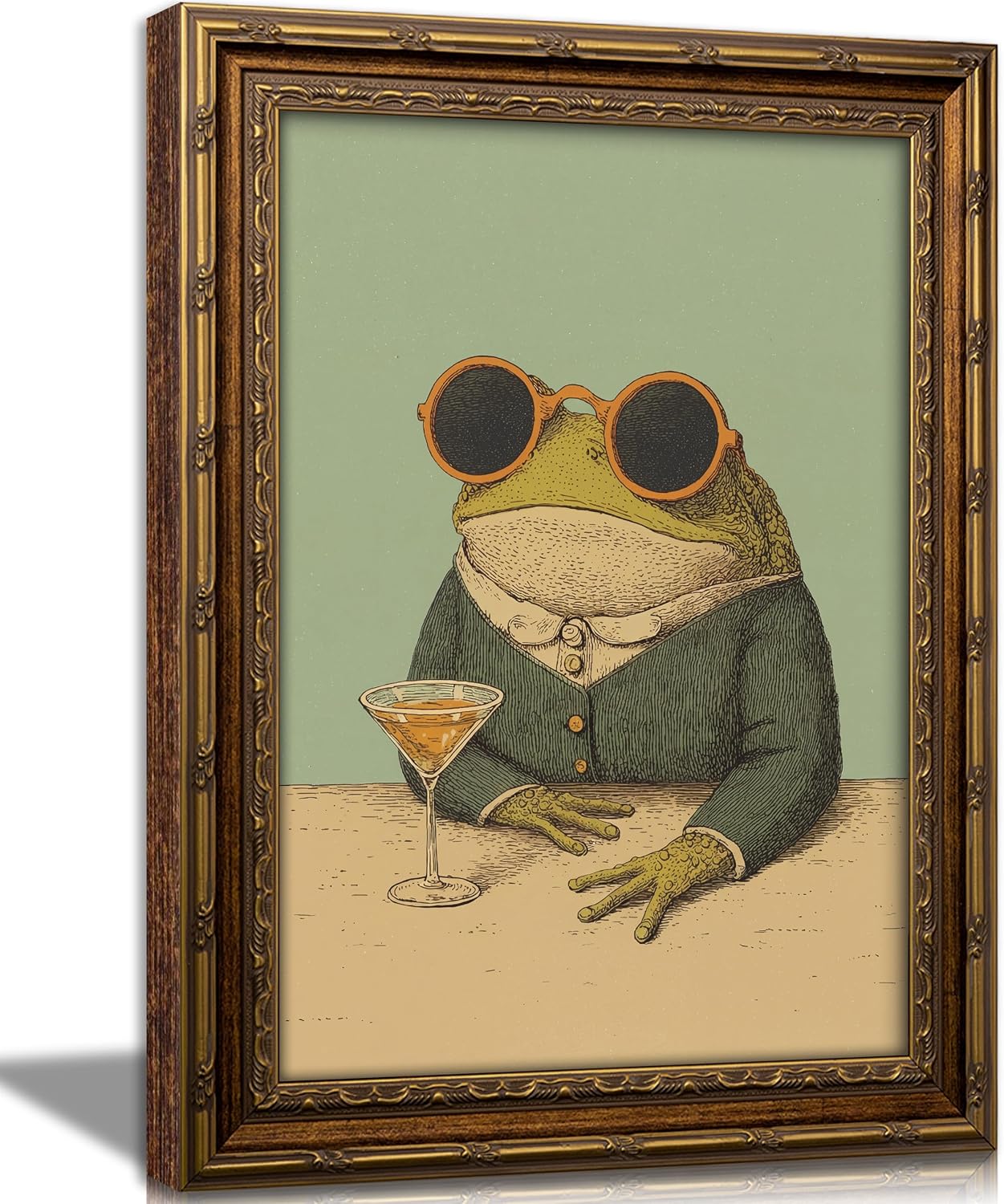 Aldernest Vintage Gold Framed Wall Art Funny Froge With Martini Painting Picture Retro Quirky Cocktail Bar Wall Decor Whimsical Eclectic Bar Art