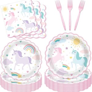 Aldernest 96Pcs Magical Pastel Unicorn Paper Plates and Napkins Unicorn Birthday Party Decorations Magical Pastel Theme Rainbow Disposable Tableware