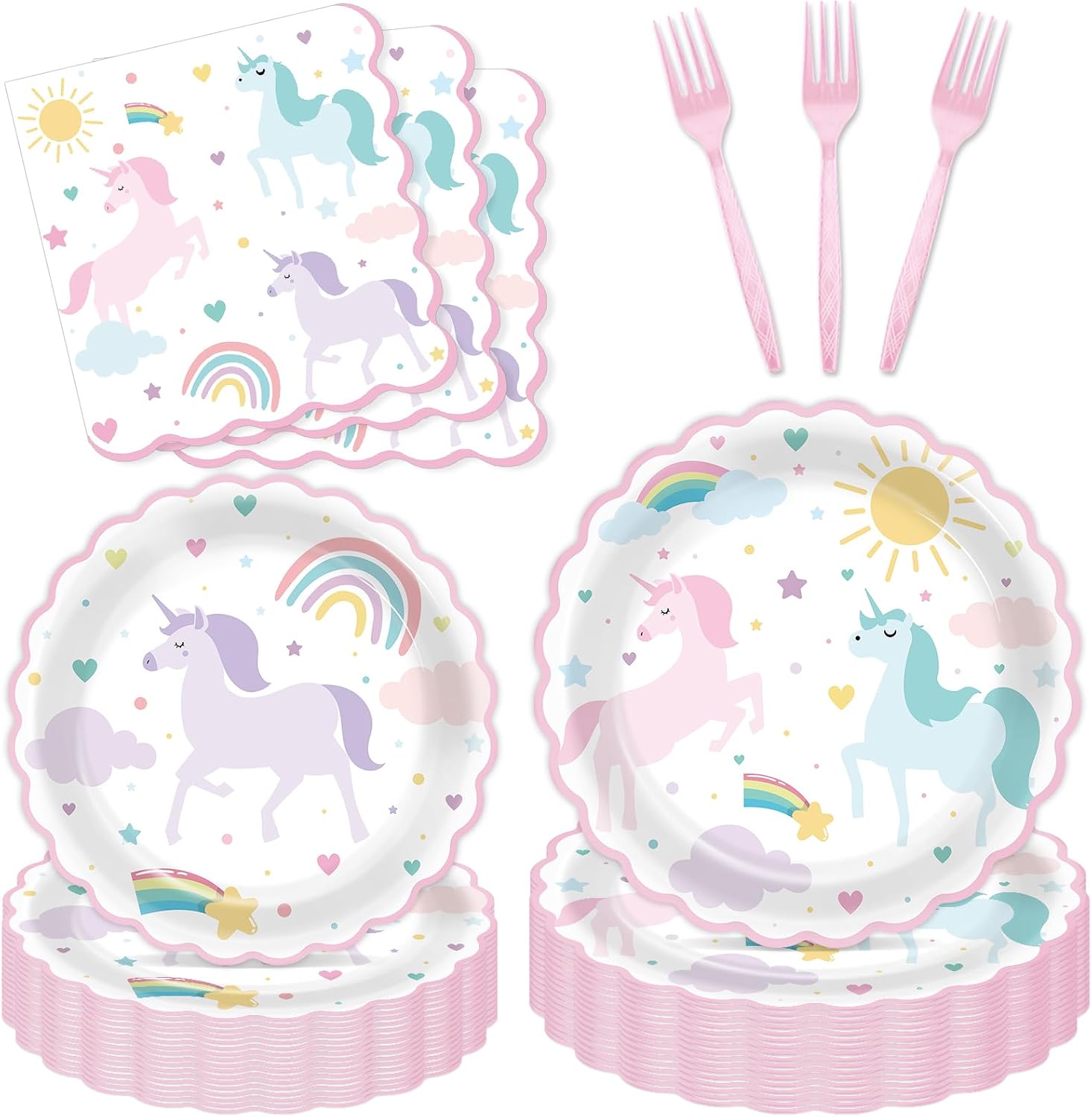 Aldernest 96Pcs Magical Pastel Unicorn Paper Plates and Napkins Unicorn Birthday Party Decorations Magical Pastel Theme Rainbow Disposable Tableware