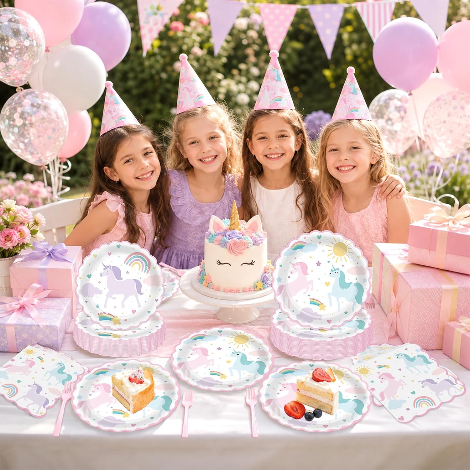 Aldernest 96Pcs Magical Pastel Unicorn Paper Plates and Napkins Unicorn Birthday Party Decorations Magical Pastel Theme Rainbow Disposable Tableware