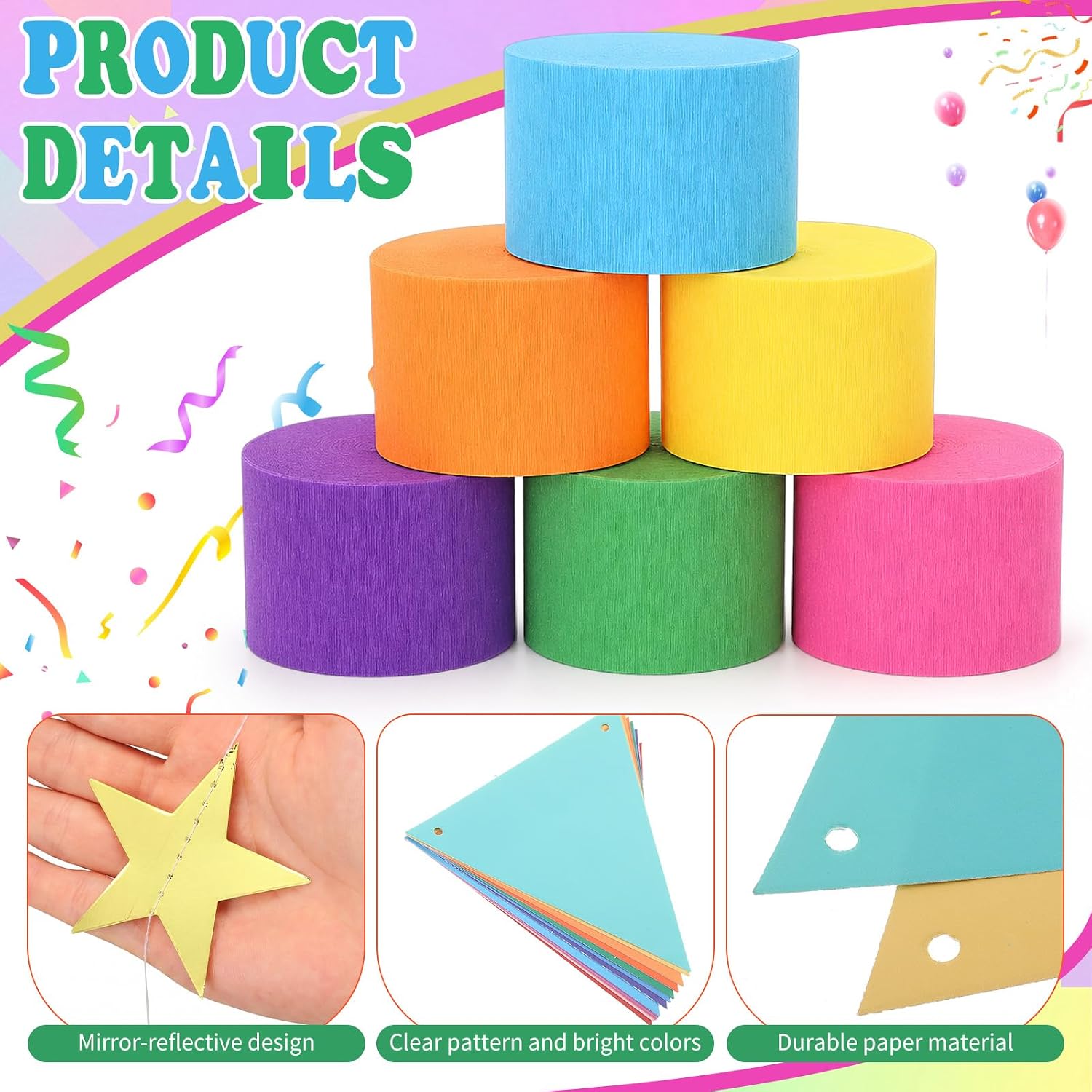 Ashenby 18 Pcs Paper Chain Strip Streamer Garland Set, Rainbow Color, 82 ft, 13.1 ft