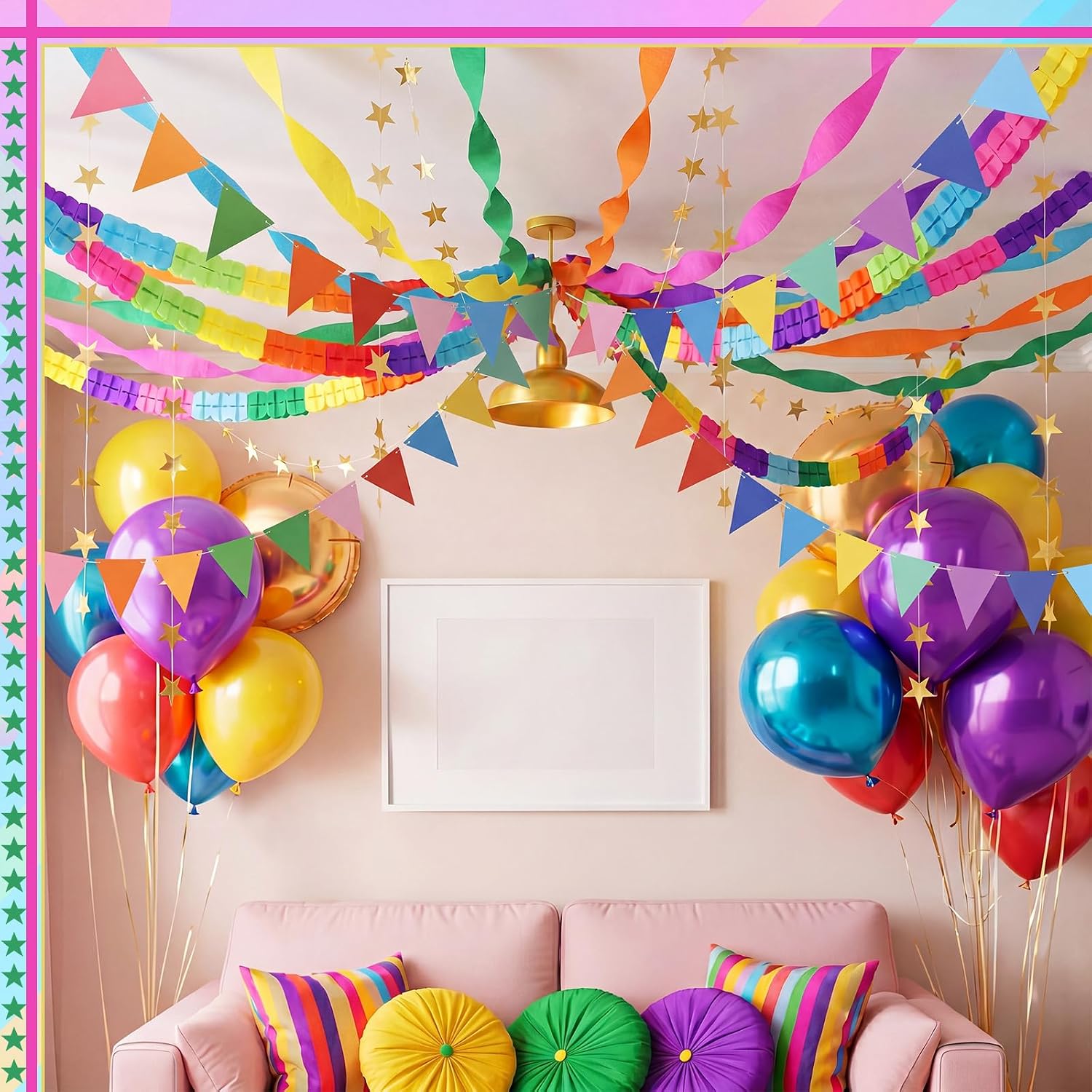 Ashenby 18 Pcs Paper Chain Strip Streamer Garland Set, Rainbow Color, 82 ft, 13.1 ft