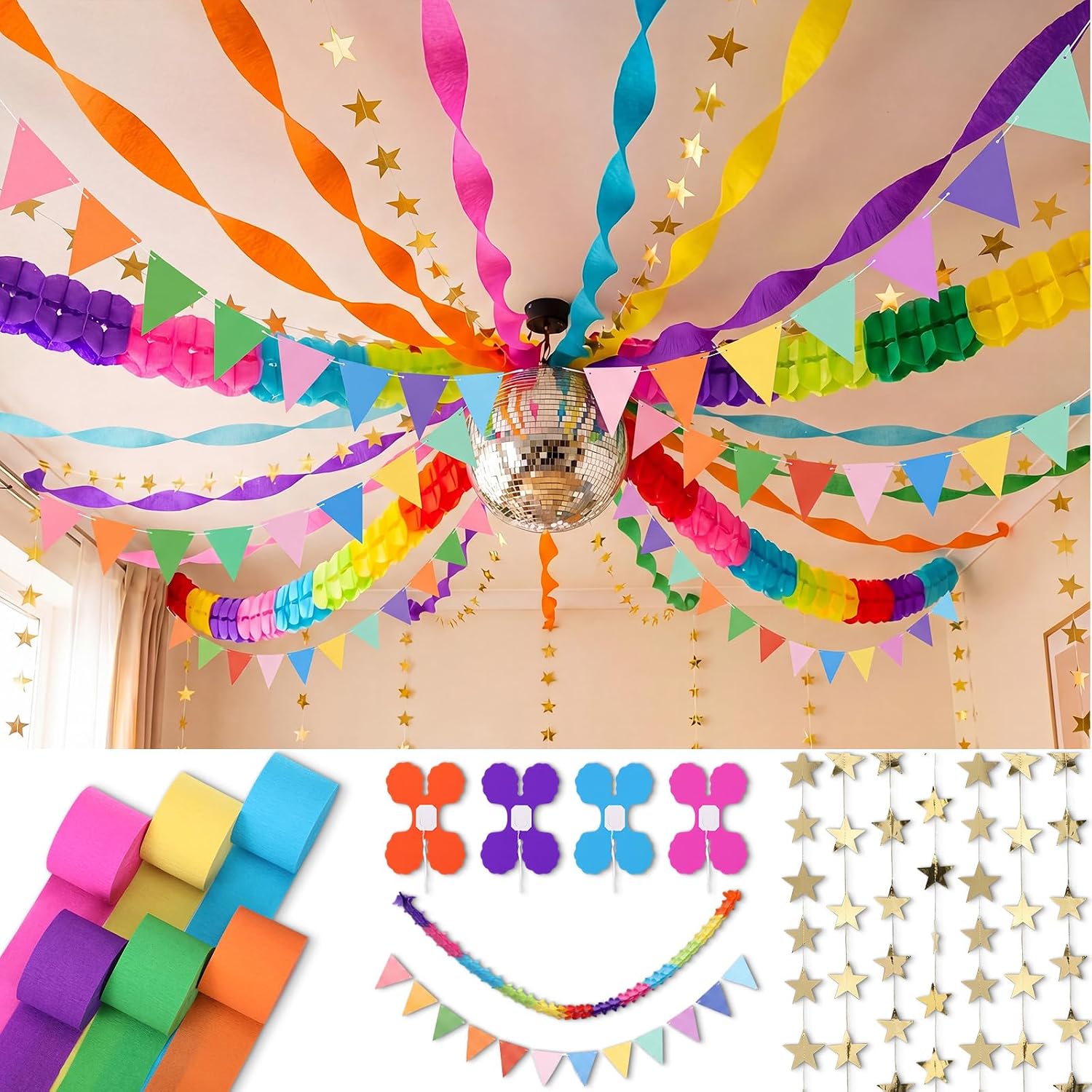 Ashenby 18 Pcs Paper Chain Strip Streamer Garland Set, Rainbow Color, 82 ft, 13.1 ft