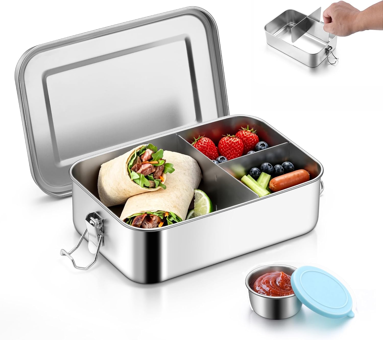 Barleyfield Stainless Steel Lunch Box with 3 Compartments, 47oz for Kids & Adult, Blue
