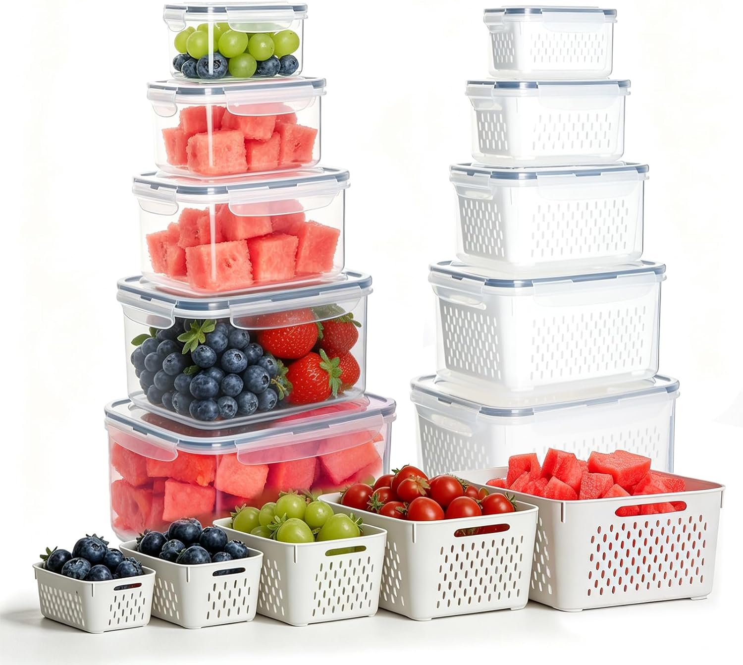 Aldernest Watermelon Container with Strainer, Fruit Strainer Container with Lid 5 PCS, White