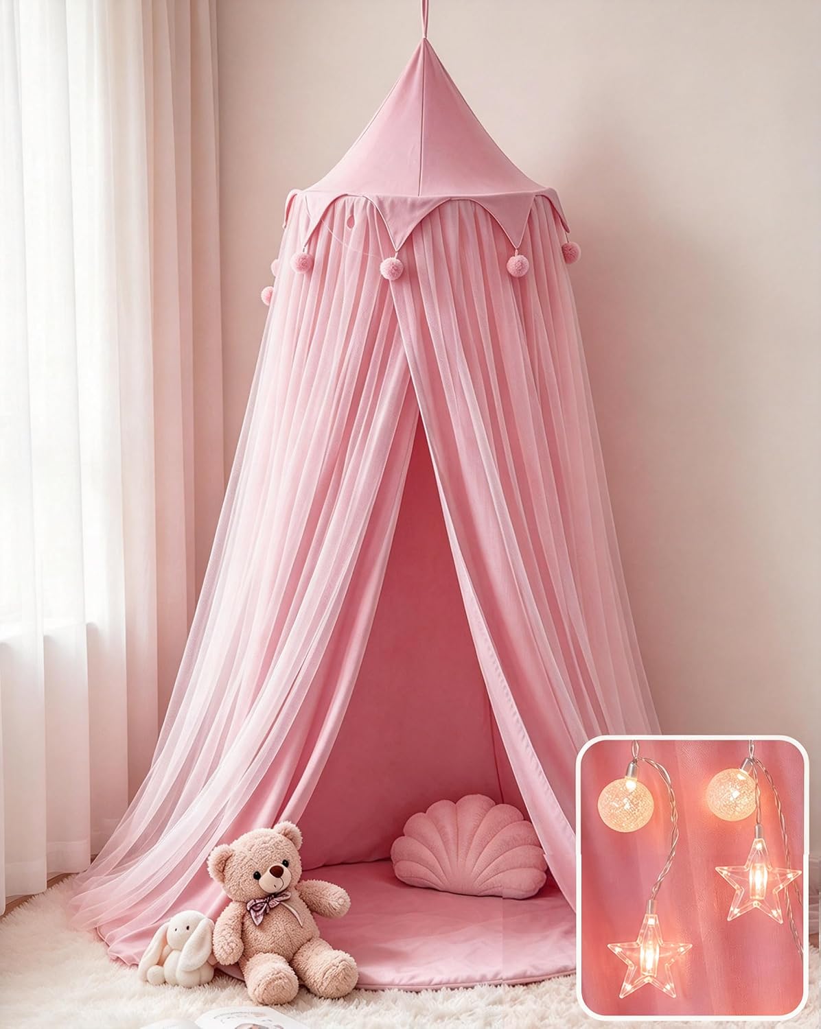 Aldernest Princess Bed Canopy for Girls with Star Lights, 16 ounces, Peach