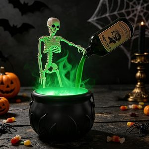 Ashenby 8" Halloween Cauldron Halloween Decor Indoor with 14" Skeleton, Medium, Black, Green