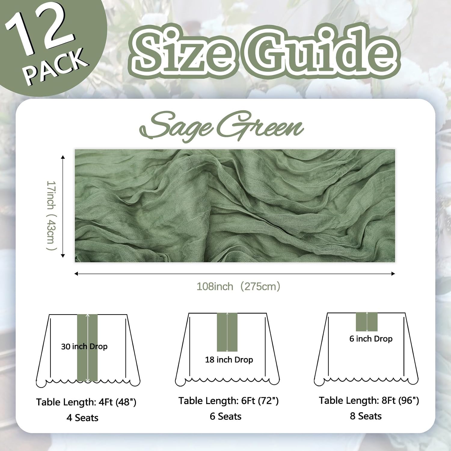 Aldernest 12 Pack Sage Green Cheesecloth Table Runner 17 x 108 Inch, 12 Pcs - 9Ft