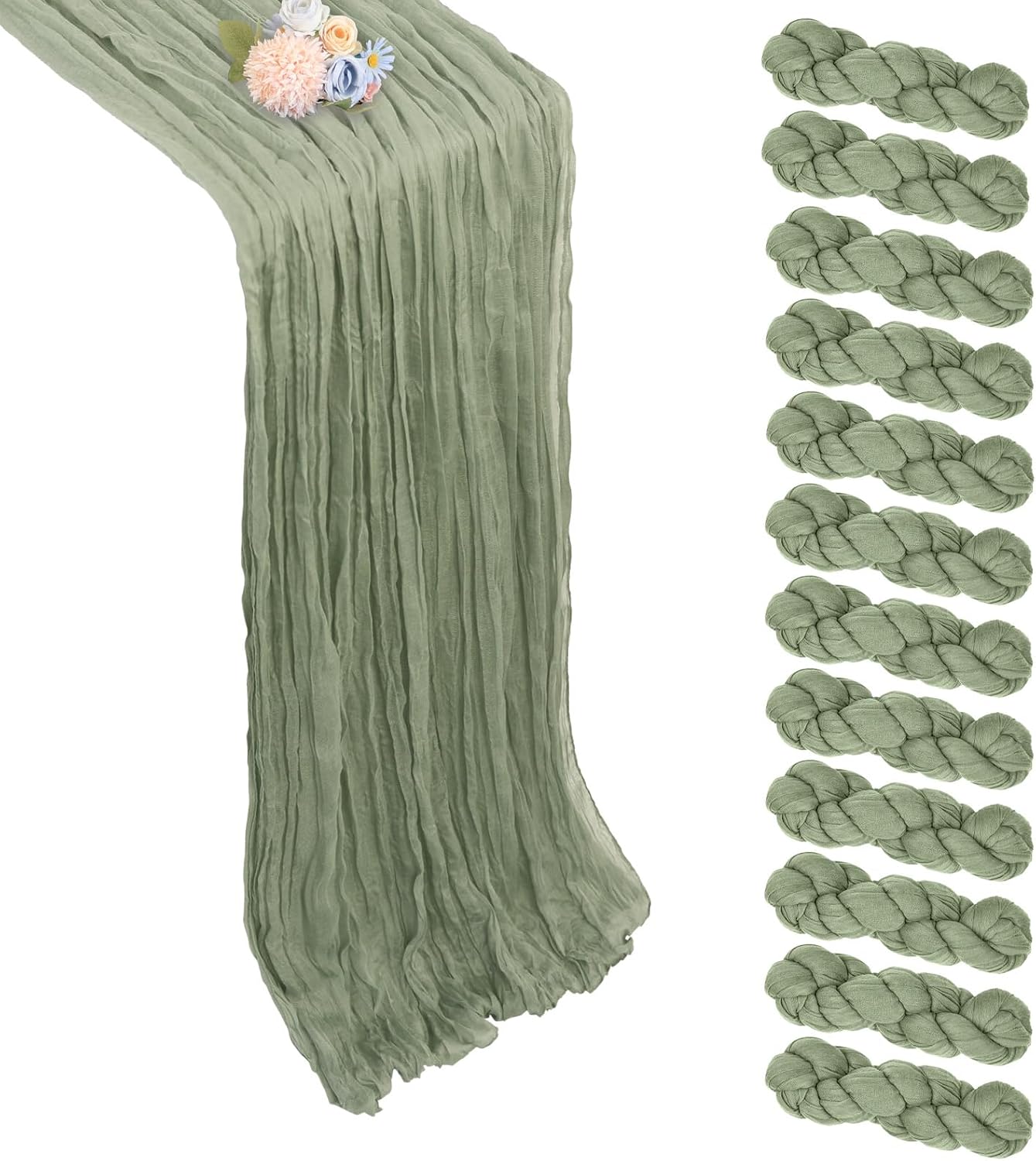 Aldernest 12 Pack Sage Green Cheesecloth Table Runner 17 x 108 Inch, 12 Pcs - 9Ft