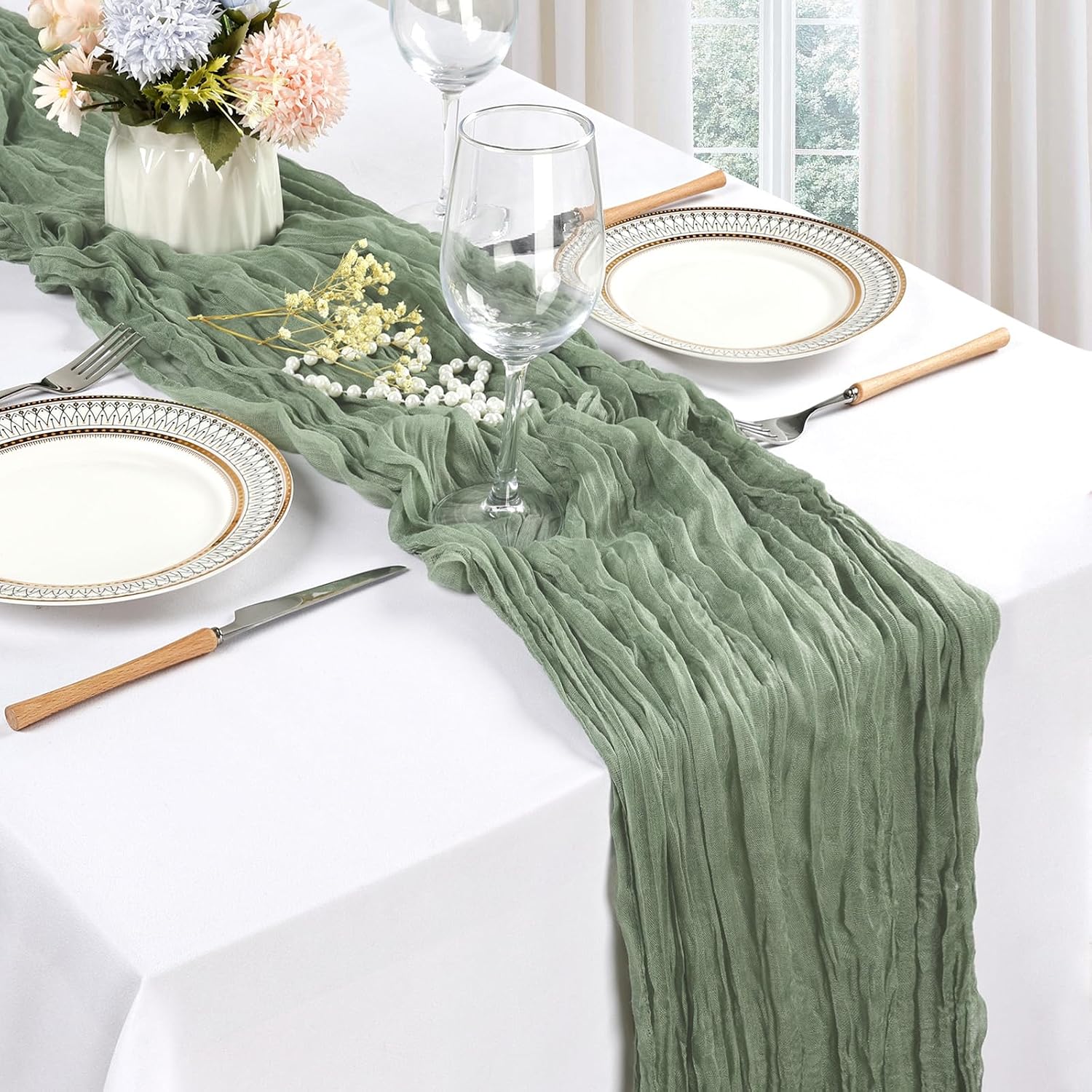 Aldernest 12 Pack Sage Green Cheesecloth Table Runner 17 x 108 Inch, 12 Pcs - 9Ft